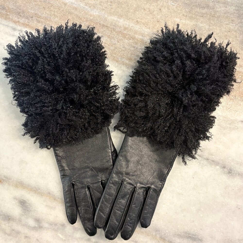 NWOT Simply Vera Vera Wang Black Leather Faux Fur Cuffs Lined Gloves Size S/M